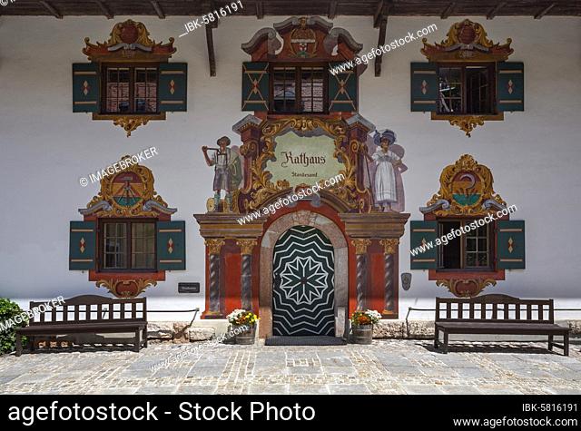 Lüftlmalerei am Rathaus, facade painting, Ruhpolding, Chiemgau, Upper Bavaria, Bavaria, Germany, Europe
