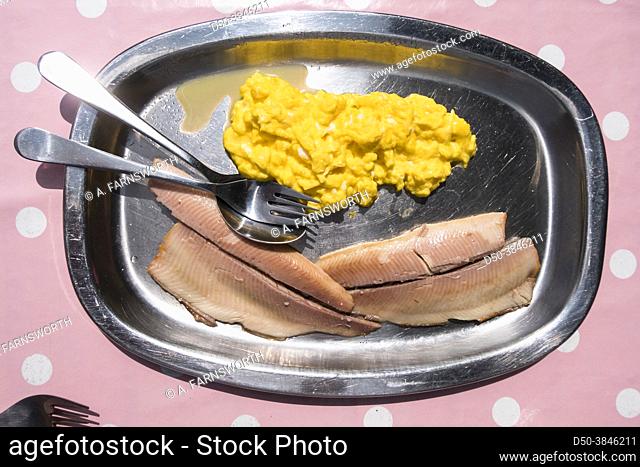 Hirtshals, Denmark A plate of scrambled eggs and smoked fish