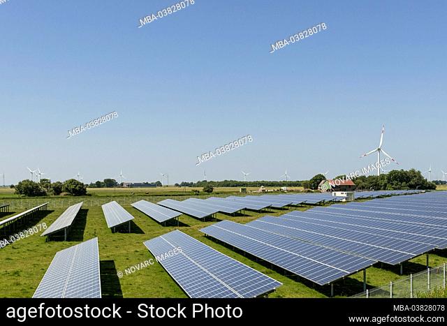 Energy, solar field, wind turbines, Niebll, Schleswig Holstein, Germany