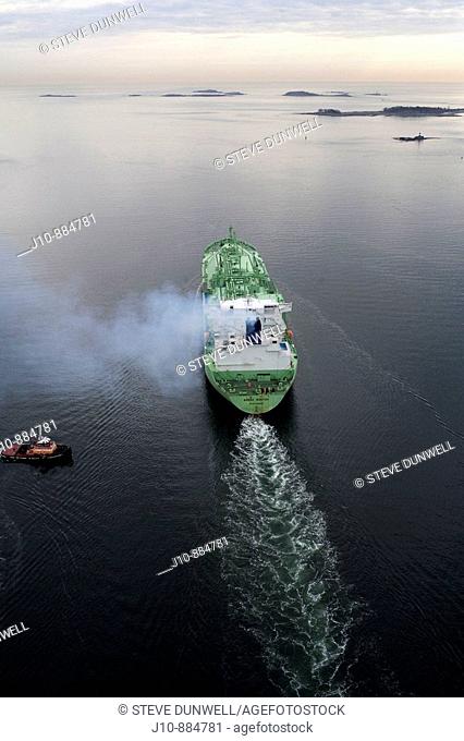 LNG (Liquified Natural Gas) tanker aerial view, Boston harbor, Massachusetts, USA