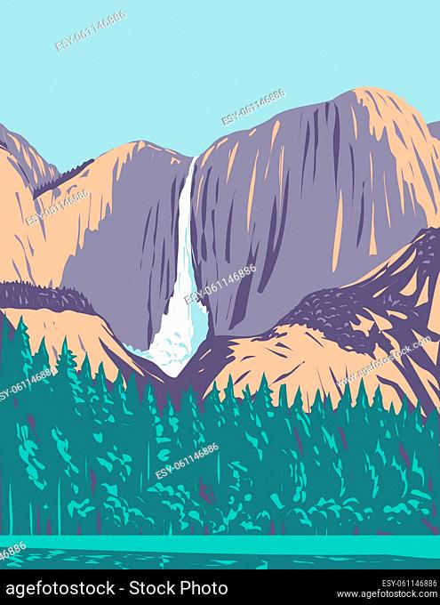 WPA poster art of Yosemite Falls, the highest waterfall in Yosemite National Park located in the Sierra Nevada, California USA done in works project...
