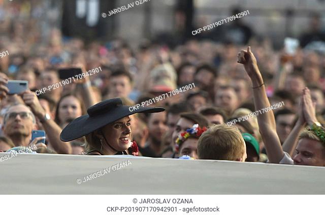Danish singer MO (Karen Marie Aagaard Orsted Andersen), in the hat, performs during the Colours of Ostrava 2019 international music festival, on July 17, 2019