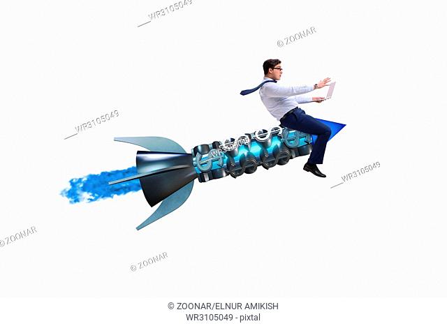 Businessman flying on rocket isolated on white