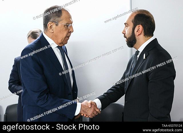 NORTH MACEDONIA, SKOPJE - NOVEMBER 30, 2023: Russia's Ministry of Foreign Affairs Sergei Lavrov (L) and Armenia's MInister of Foreign Affairs Ararat Mirzoyan...