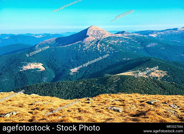 Beautiful valley in Carpathian mountains in Ukraine. View from Petros to Hoverla