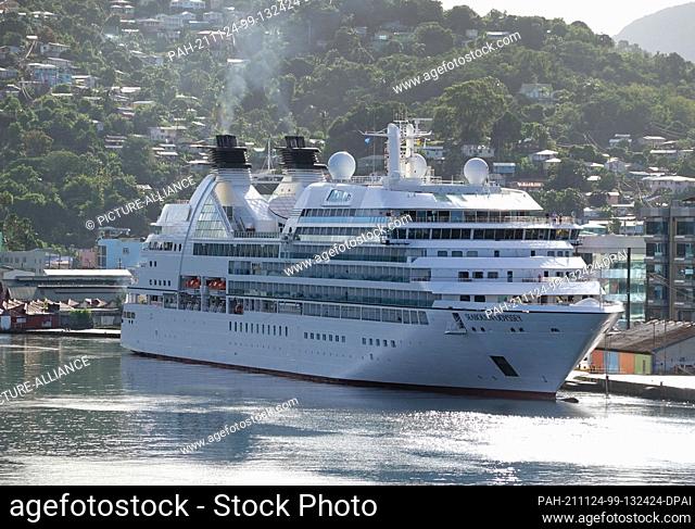 01 November 2021, United Kingdom, Castries: The ship ""Seabourn Odyssey"" of the shipping company Seabourn Cruise Line (The Yachts of Seabourn) is moored in the...