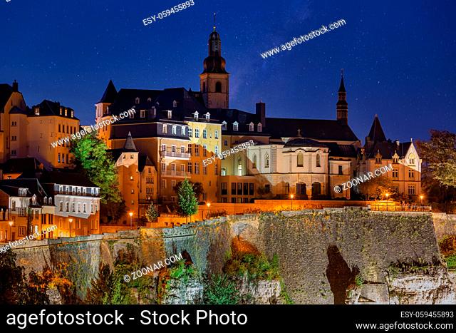 Night view at Illuminated medieval skyline of Luxembourg city