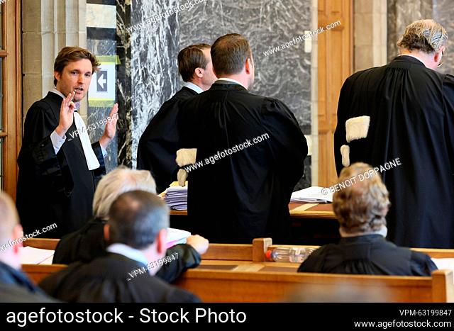 Lawyers pictured at the start of the trial against a gang accused of fixing tennis matches, before the correctional court, in Oudenaarde, Friday 17 March 2023
