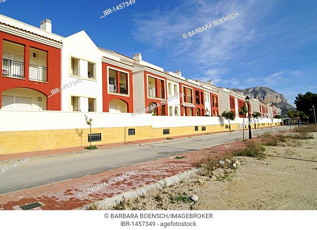 Colorful row houses, street, residential neighbourhood, village Jesus Pobre, Javea, Costa Blanca, Alicante province, Spain, Europe