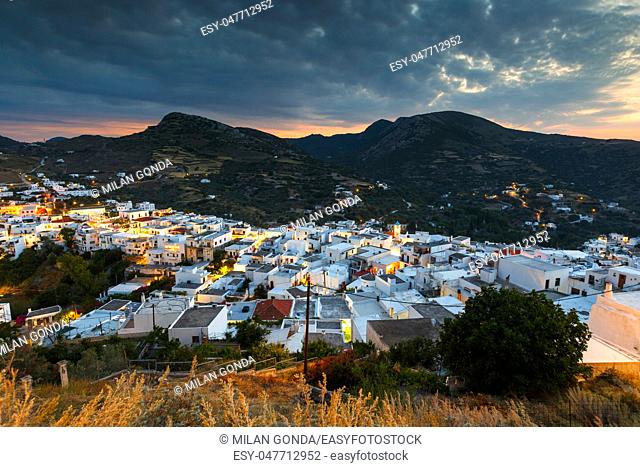 View of Chora village from the hill above, Skyros island, Greece.