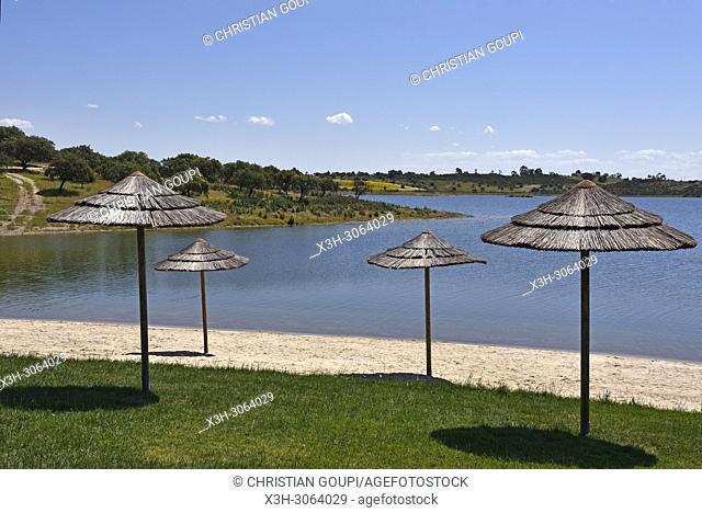 River beach of Mourao, banks of the dam lake of Alqueva on the Guadiana River near Mourao, Reguengos de Monsaraz, Alentejo region, Portugal, southwertern Europe