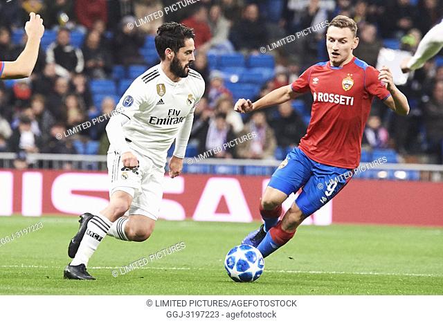 Isco (midfielder; Real Madrid), Fyodor Chalov (forward; CSKA Moscow) in action during the UEFA Champions League match between Real Madrid and PFC CSKA Moscva at...