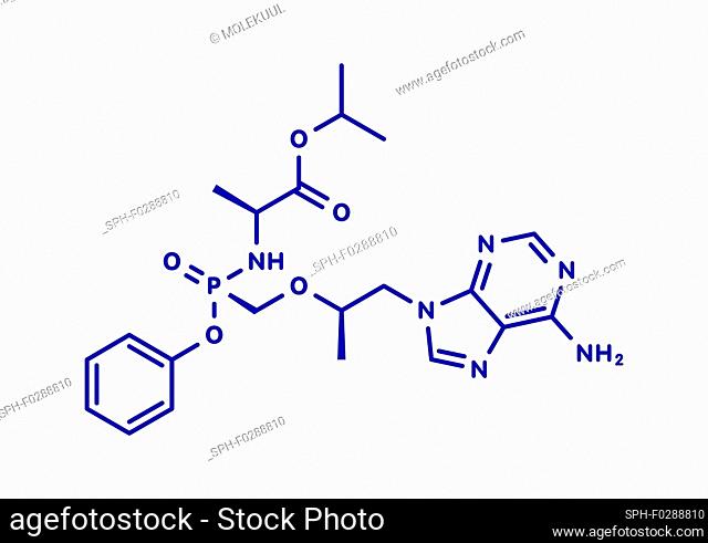 Tenofovir alafenamide antiviral drug molecule (prodrug of tenofovir). Blue skeletal formula on white background