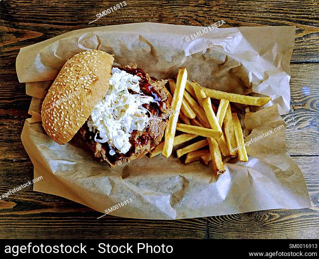 Pulled pork sandwich. Typical from USA