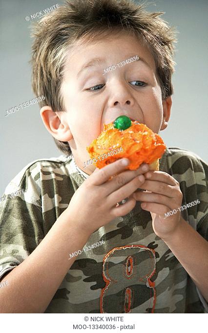 Young boy eating cupcake