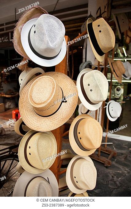 Hats for sale at the shop, Isla Mujeres, Cancun, Quintana Roo, Yucatan Province, Mexico, Central America