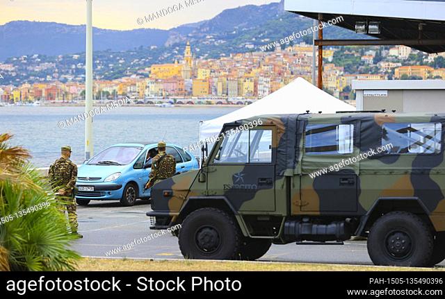 Menton, France - September 10, 2020: French-Italian border, French Police and Italian Military control the Border / Douane in Menton and Ventimiglia