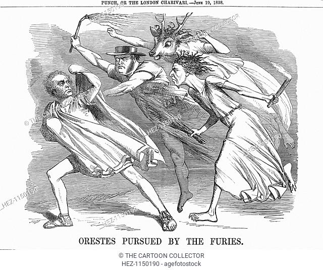 'Orestes pursued by the Furies', 1858. Lord Palmerston, Leader of the Opposition, is pursued by the Furies. These are John Bright holding the cat o' nine tails