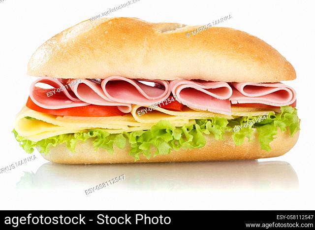 Sub sandwich with ham and cheese from the side isolated on a white background