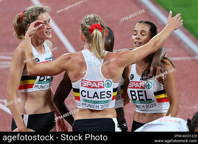 Belgian Helena Ponette, Belgian Hanne Claes, Belgian Cynthia Bolingo Mbongo and Belgian Camille Laus react after their fourth place and new Belgian record at...
