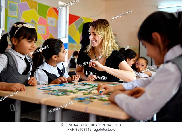 EXCLUSIVE - UNICEF ambassador Eva Padberg visits a school in Erbil, Iraq, 20 October 2016. She is learning about the work of the relief organization
