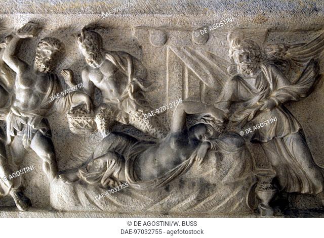 Arianna asleep protected by Hypnos, god of sleep, detail of a marble sarcophagus with a relief depicting the life of Ariadne at Naxos, from Alexandria, Egypt