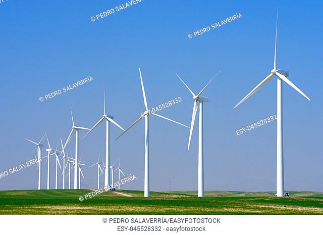 Windmills for electric power production, Pozuelo de Aragon, Zaragoza, Aragon, Spain