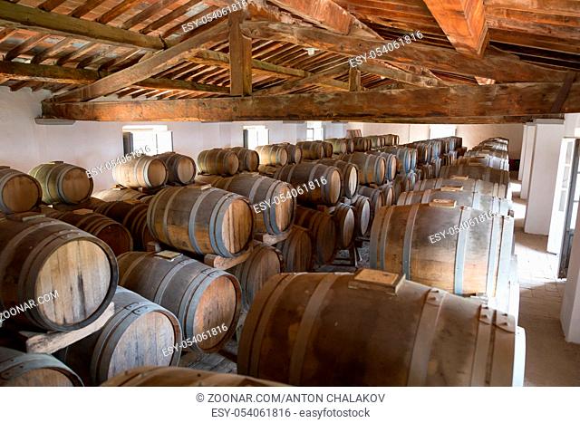 Wine barrels in cellar in Italy, Tuscan