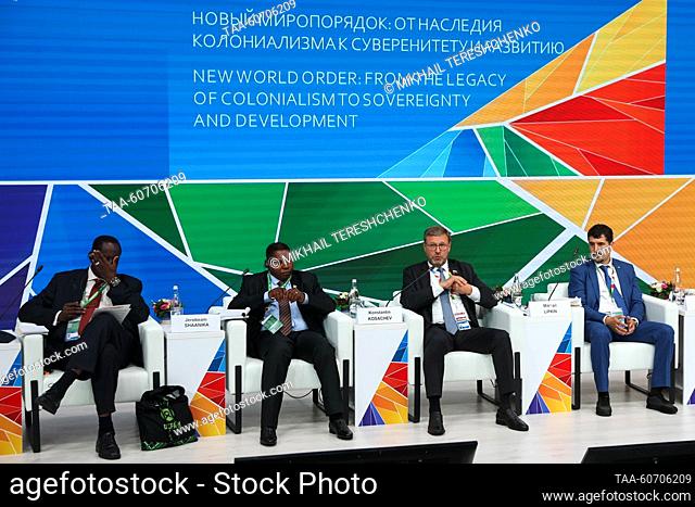 RUSSIA, ST PETERSBURG - JULY 27, 2023: Participants in a panel session titled ""New World Order: From the Legacy of Colonialism to Sovereignty and Development""...