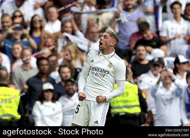 Madrid Spain; 10.16.2022.- Valverde celebrate his goal. Real Madrid vs Barcelona match of the Spanish Football League on matchday 9 held at the Santiago...