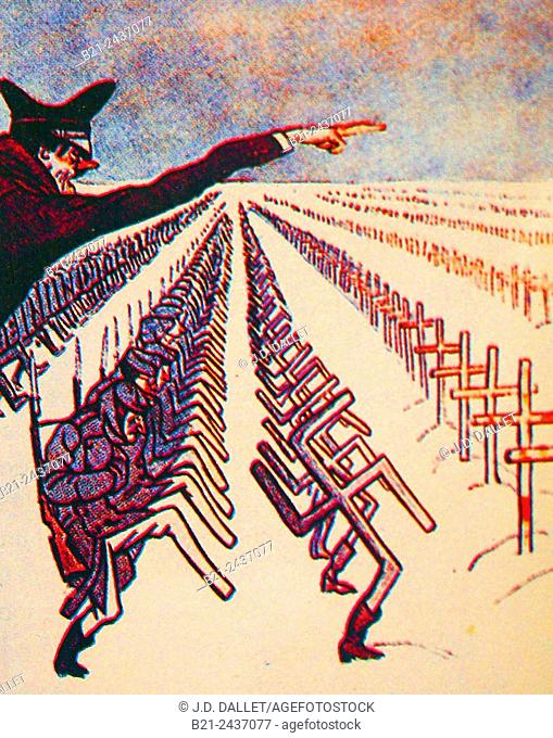 USSR- World War II- Soviet caricature, 1943, of Hiltler sending soldiers to USSR
