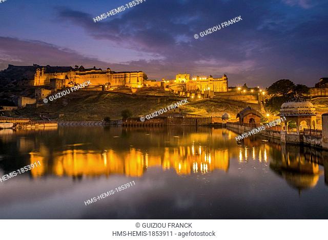 India, Rajasthan State, hill fort of Rajasthan listed as World Heritage by UNESCO, Jaipur, Amber Palace or Amber Fort reflecting in the lake Maotha