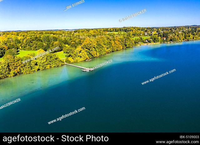 Aerial view, Lake Wörthsee with the Wörthinsel or Mausinsel, district Starnberg, Bachern, Bavaria, Germany, Europe