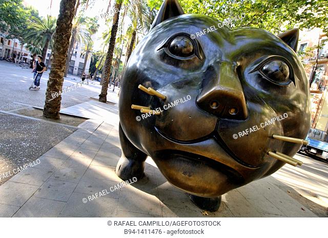 The Cat by Fernando Botero, painter, sculptor and draftsman Colombian born on April 19, 1932 in Medellin (Colombia). Rambla del Raval. Ciutat vella