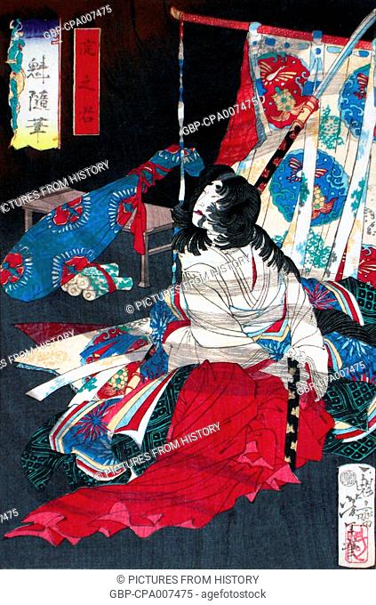 Japan: Lady Yodo Dono commits suicide at Osaka Castle in 1615. Castle. Tsukioka Yoshitoshi (1839-1892)