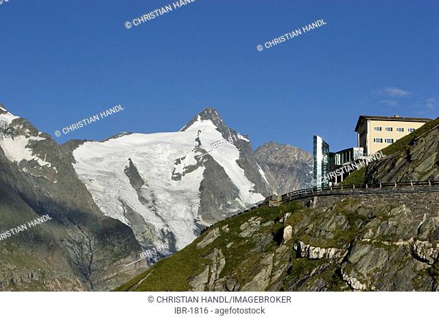 Early morning view of buildings on Franz Josefs Höhe in front of summit of Großglockner Carinthia Austria