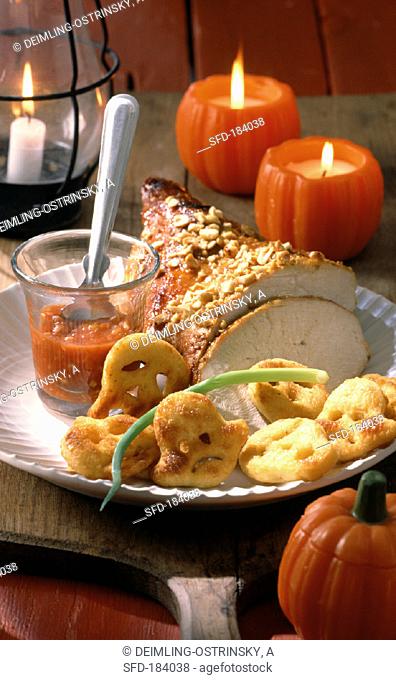 Roast turkey with devilish sauce and ghost potatoes