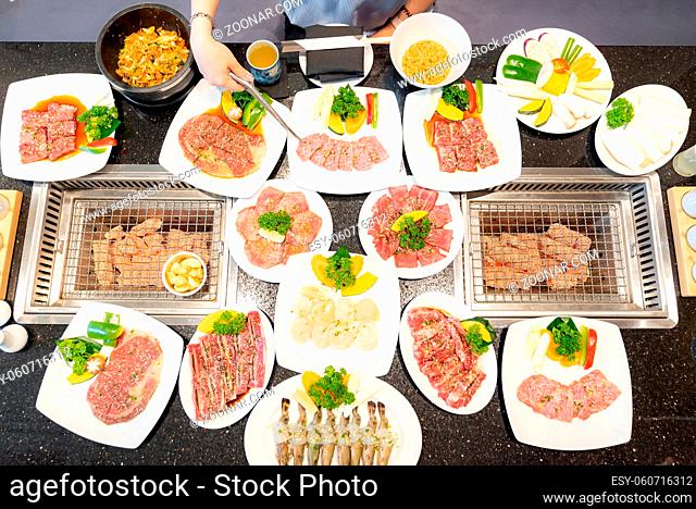 Table top view of yakiniku japanese grilled beef cuisine