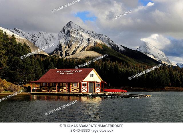 Boat house on Maligne Lake, Jasper National Park, Alberta, Canada