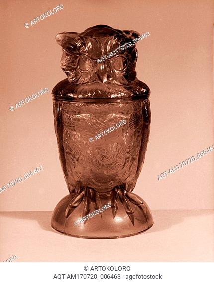 Covered Owl Jar, 1880â€“90, Made in Pittsburgh, Pennsylvania, United States, American, Pressed blue glass, H. 6 3/4 in. (17