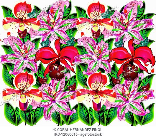 Bright color pink and red repeat floral pattern