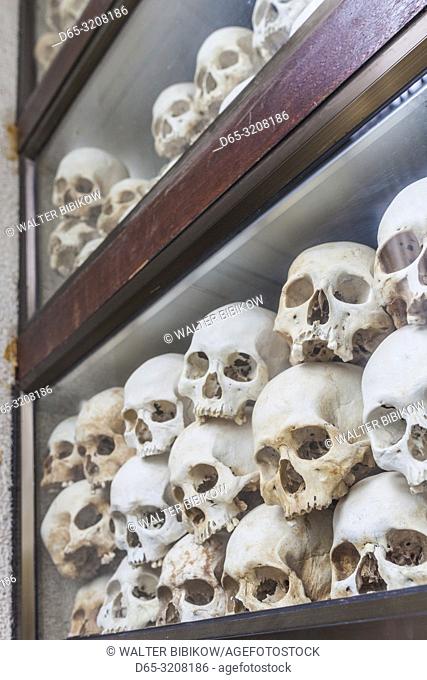 Cambodia, Phnom Penh, The Killing Fields of Choeung Ek, Memorial Stupa filled with over 800 skulls of Khmer rouge victims