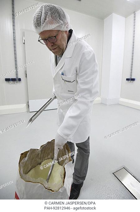 ARCHIVE - Josef Herbers, head inspector of the German Federal Agency for Agriculture and Food (BLE) takes a sample out of a sack filled with skimmed milk powder...