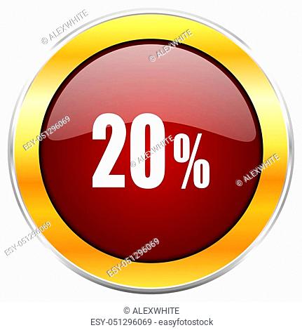 20 percent red web icon with golden border isolated on white background. Round glossy button