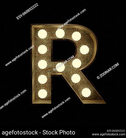Metal letter R with small lamps on a dark background, 3d rendering