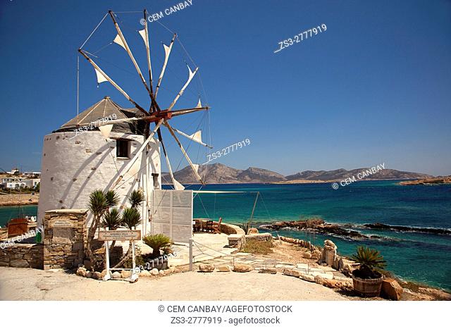 Restored traditional windmill by the sea, Koufonissi, Cyclades Islands, Greek Islands, Greece, Europe