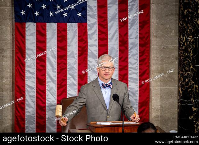 Speaker of the House of Representatives Pro Tempore Patrick McHenry (Republican of North Carolina) gavels during the third attempt for the vote for Speaker of...