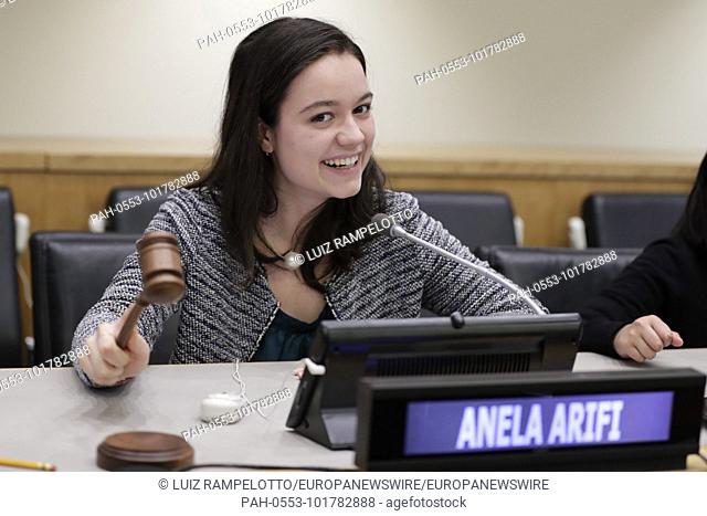 United Nations, New York, USA, April 19 2018 - Anela Arifi, 20-year-old young inventor for sustainable energy and environment sustainability advocate from...