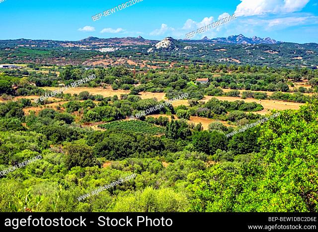 Panoramic view of fills and valleys south the town of Arzachena, Sardinia, Italy - the archeological area of ancient Neolithic Nuragic civilization
