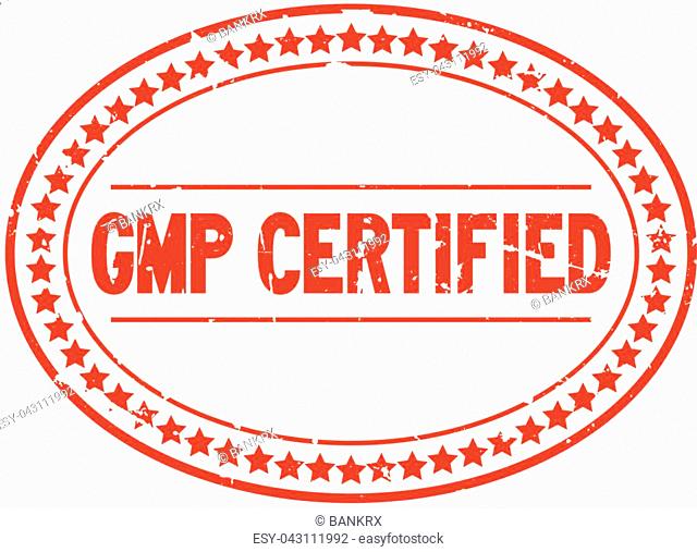 Grunge red GMP certified oval rubber seal stamp on white background